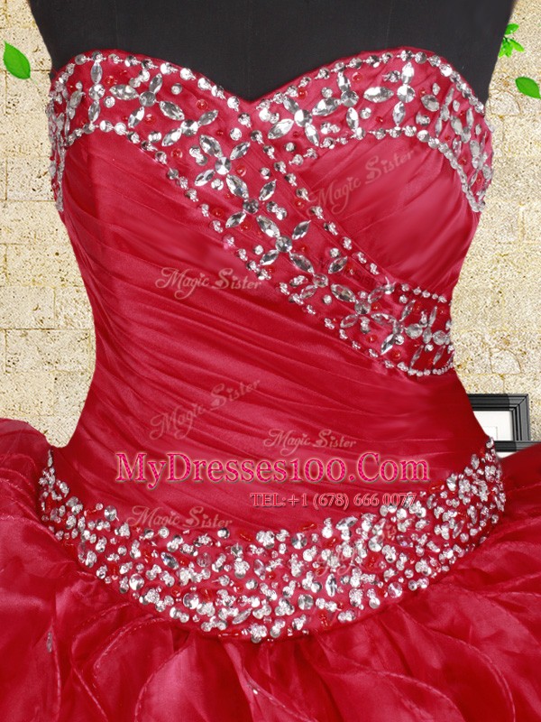 Simple Floor Length Ball Gowns Sleeveless Red Quinceanera Dresses Lace Up