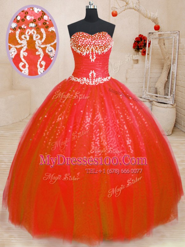 Sleeveless Tulle and Sequined Floor Length Lace Up Quinceanera Dresses in Red with Beading