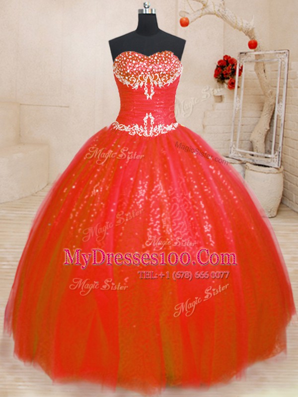 Sleeveless Tulle and Sequined Floor Length Lace Up Quinceanera Dresses in Red with Beading