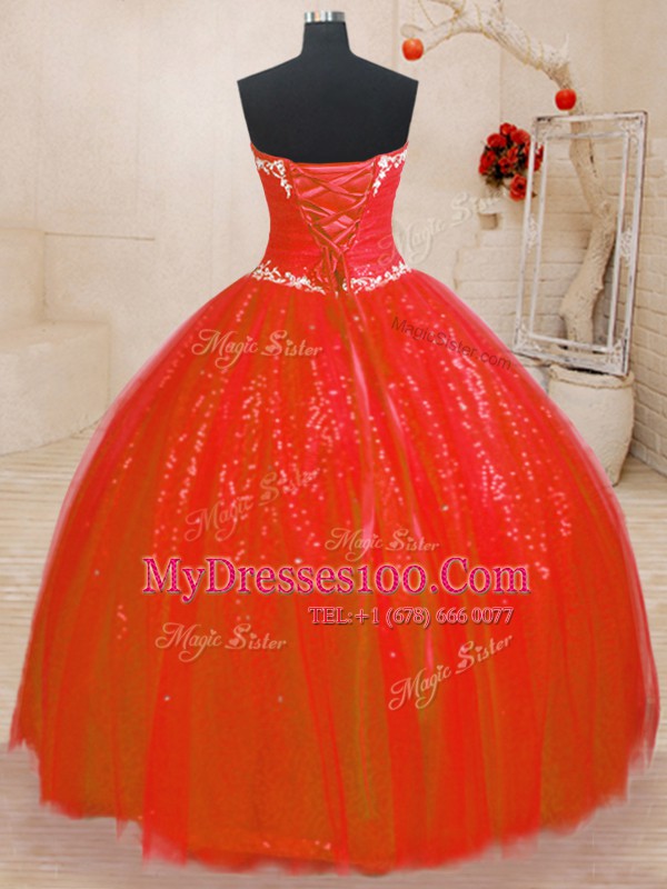 Sleeveless Tulle and Sequined Floor Length Lace Up Quinceanera Dresses in Red with Beading
