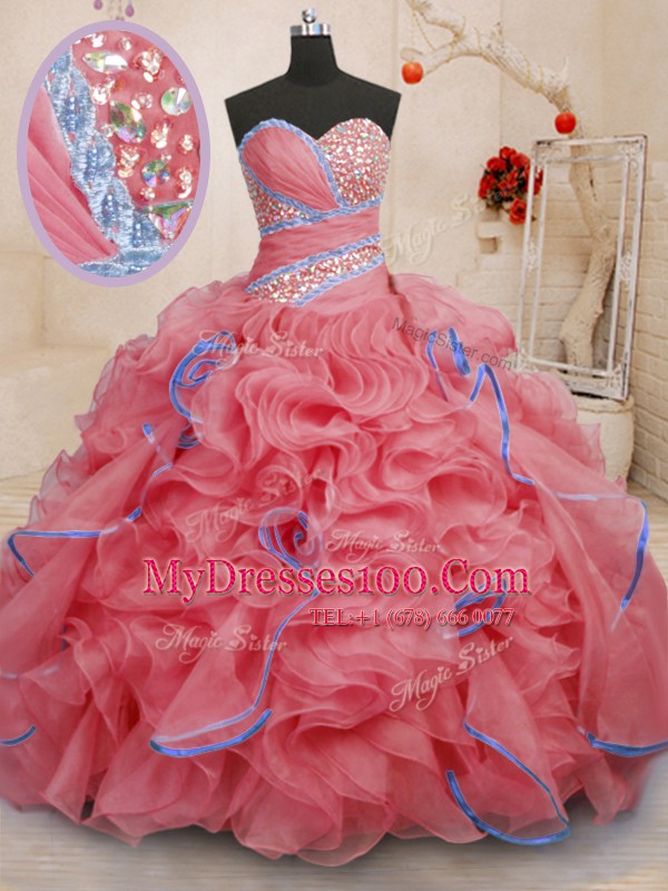 High Class Beading and Ruffles Quinceanera Gowns Coral Red Lace Up Sleeveless With Brush Train