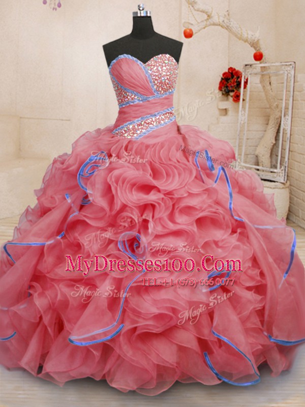 High Class Beading and Ruffles Quinceanera Gowns Coral Red Lace Up Sleeveless With Brush Train