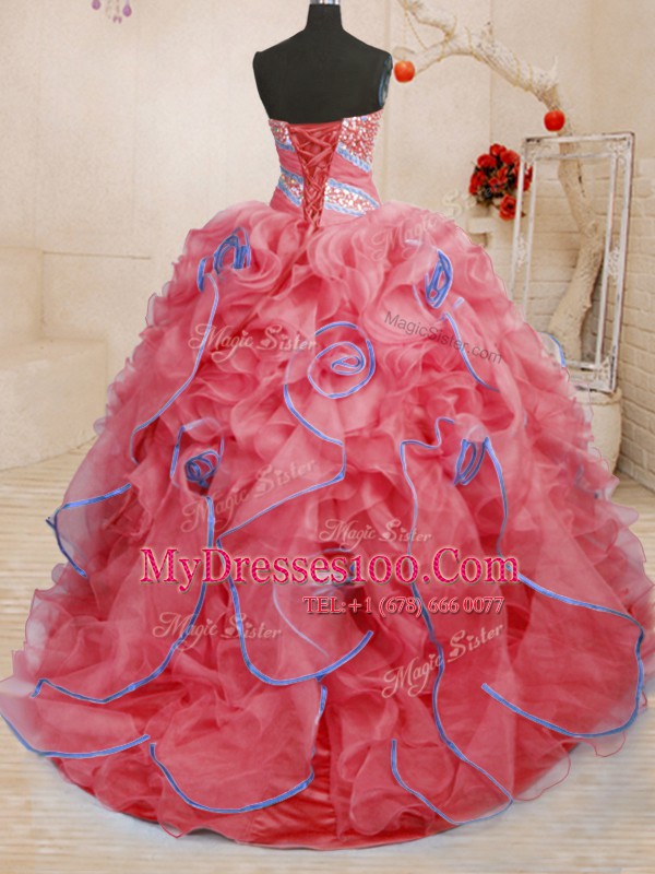 High Class Beading and Ruffles Quinceanera Gowns Coral Red Lace Up Sleeveless With Brush Train