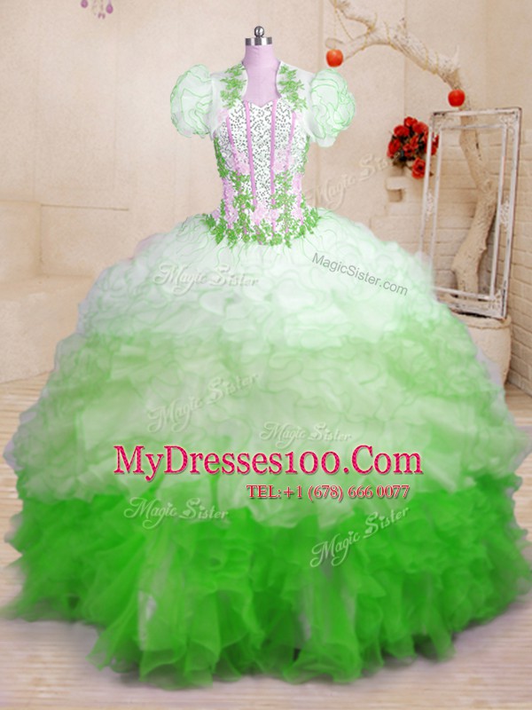 Multi-color Ball Gowns Sweetheart Sleeveless Organza With Brush Train Lace Up Beading and Appliques and Ruffles 15 Quinceanera Dress