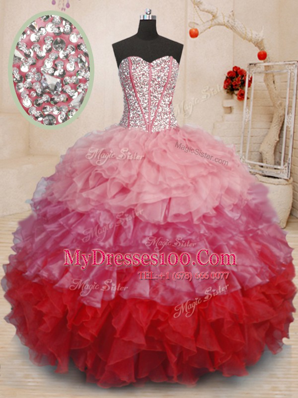 Sweetheart Sleeveless Organza 15 Quinceanera Dress Beading and Ruffles Lace Up