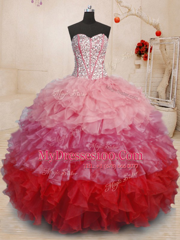 Sweetheart Sleeveless Organza 15 Quinceanera Dress Beading and Ruffles Lace Up