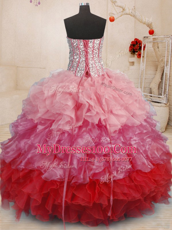 Sweetheart Sleeveless Organza 15 Quinceanera Dress Beading and Ruffles Lace Up