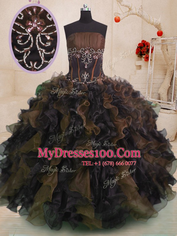 Multi-color Lace Up Strapless Beading and Ruffles Sweet 16 Dresses Organza Sleeveless