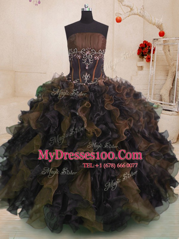 Multi-color Lace Up Strapless Beading and Ruffles Sweet 16 Dresses Organza Sleeveless