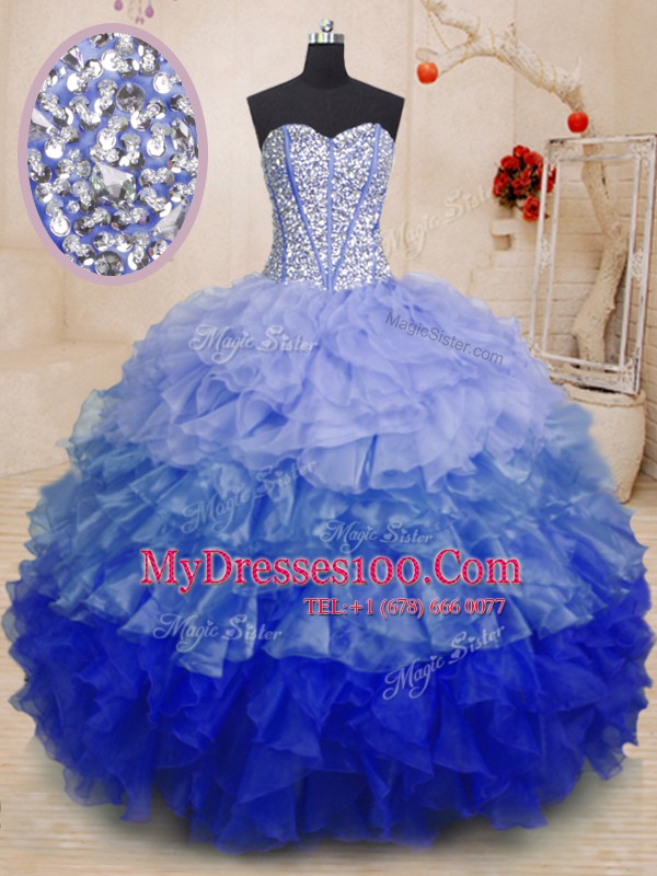 Latest Sleeveless Organza Floor Length Lace Up Quinceanera Gowns in Multi-color with Beading and Ruffles