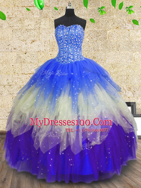 Sexy Floor Length Zipper Quinceanera Gown Multi-color for Military Ball and Sweet 16 and Quinceanera with Beading and Sequins