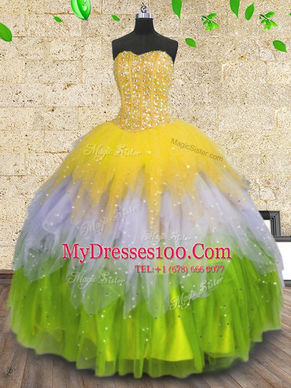 Multi-color Ball Gowns Tulle Sweetheart Sleeveless Beading and Ruffles and Sequins Floor Length Lace Up Ball Gown Prom Dress