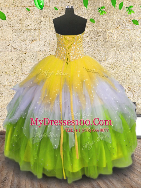 Multi-color Ball Gowns Tulle Sweetheart Sleeveless Beading and Ruffles and Sequins Floor Length Lace Up Ball Gown Prom Dress
