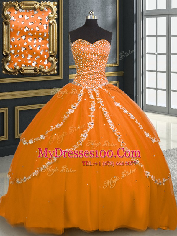 Colorful Sleeveless Brush Train Lace Up With Train Beading and Appliques Quinceanera Gowns