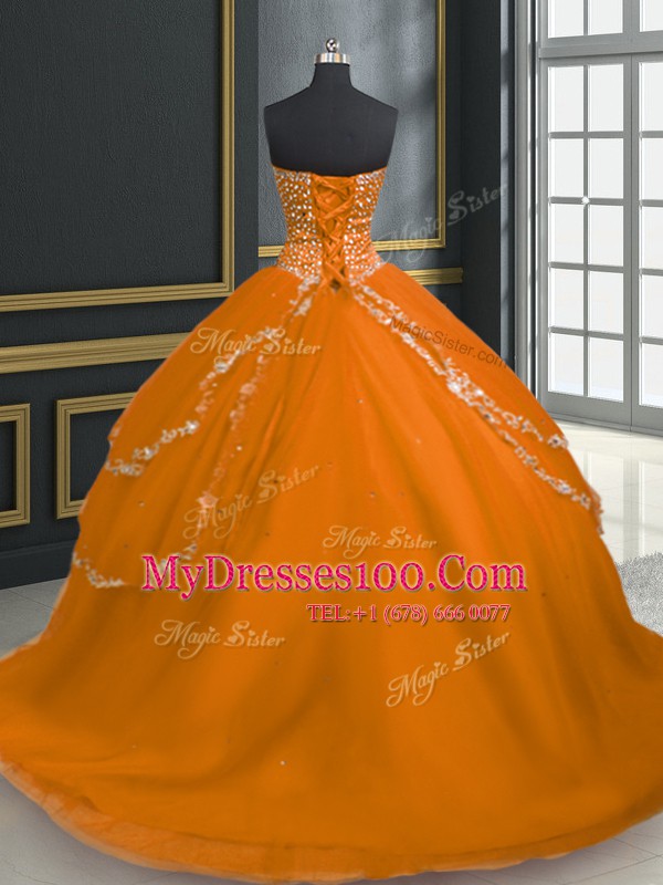 Colorful Sleeveless Brush Train Lace Up With Train Beading and Appliques Quinceanera Gowns