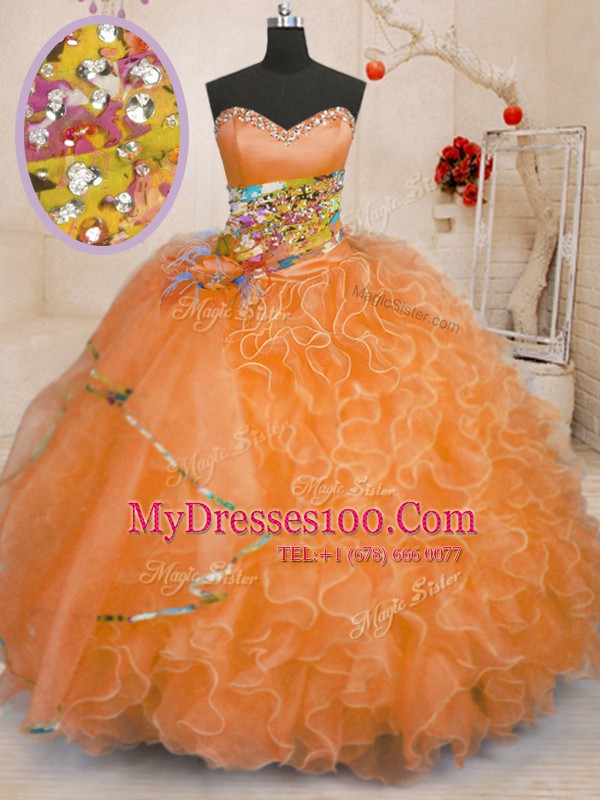 Custom Design Sweetheart Sleeveless Lace Up Quinceanera Dresses Orange Organza