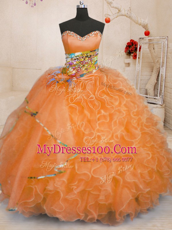 Custom Design Sweetheart Sleeveless Lace Up Quinceanera Dresses Orange Organza