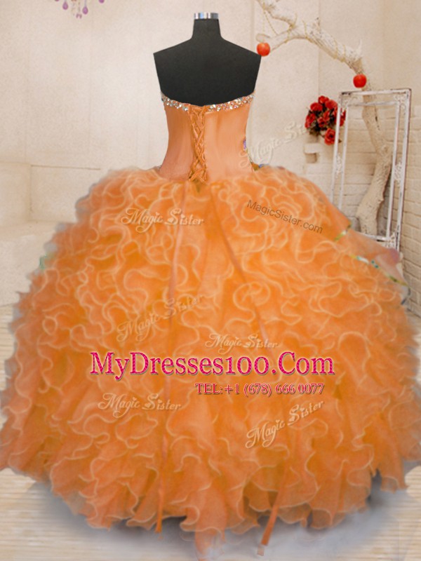 Custom Design Sweetheart Sleeveless Lace Up Quinceanera Dresses Orange Organza