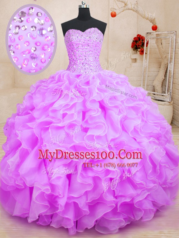 Popular Lilac Lace Up Sweetheart Beading and Ruffles Sweet 16 Dresses Organza Sleeveless
