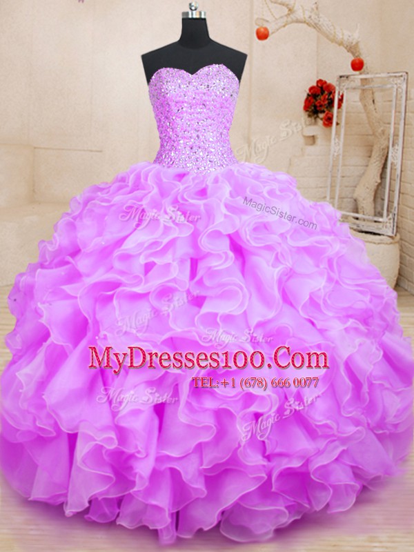 Popular Lilac Lace Up Sweetheart Beading and Ruffles Sweet 16 Dresses Organza Sleeveless