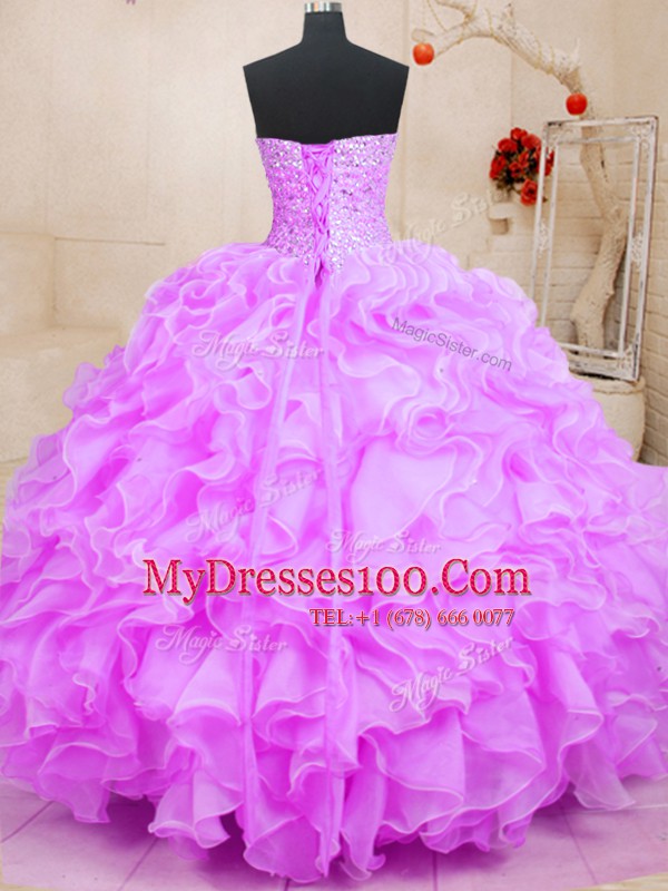 Popular Lilac Lace Up Sweetheart Beading and Ruffles Sweet 16 Dresses Organza Sleeveless