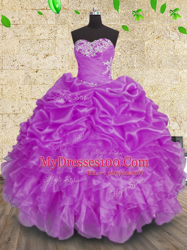 Popular Sleeveless Floor Length Beading and Appliques and Ruffles and Ruching Lace Up Ball Gown Prom Dress with Purple