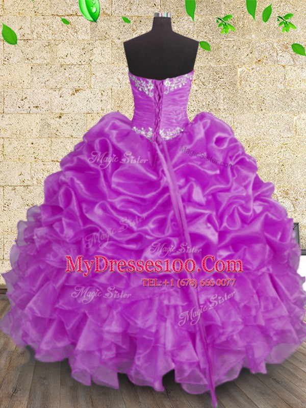Popular Sleeveless Floor Length Beading and Appliques and Ruffles and Ruching Lace Up Ball Gown Prom Dress with Purple