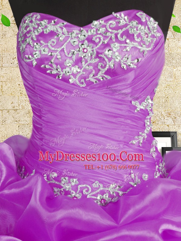 Popular Sleeveless Floor Length Beading and Appliques and Ruffles and Ruching Lace Up Ball Gown Prom Dress with Purple