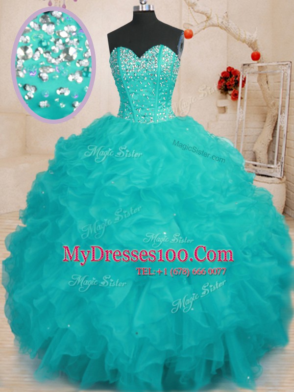 Enchanting Aqua Blue Lace Up Sweetheart Beading and Ruffles Vestidos de Quinceanera Organza Sleeveless