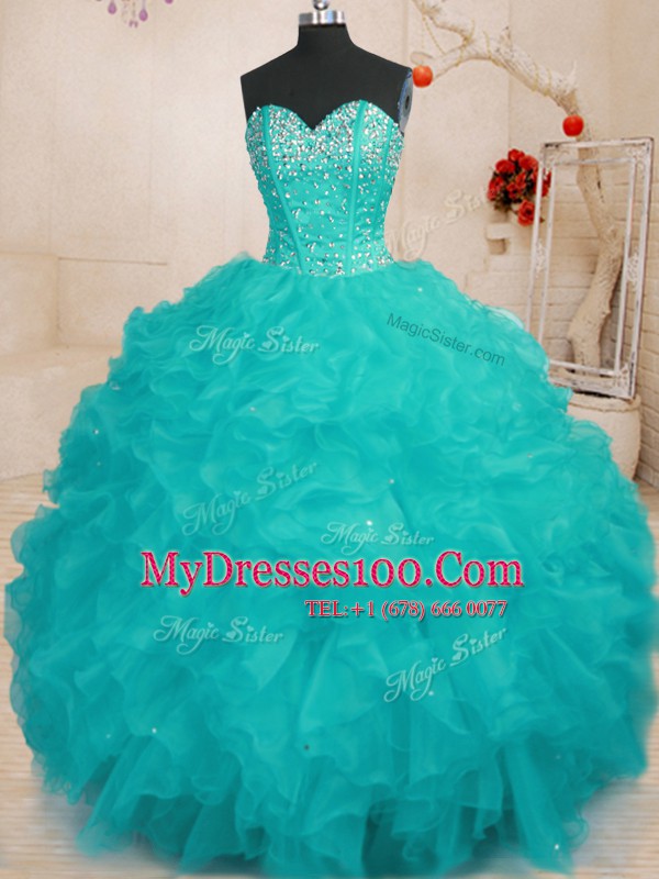 Enchanting Aqua Blue Lace Up Sweetheart Beading and Ruffles Vestidos de Quinceanera Organza Sleeveless