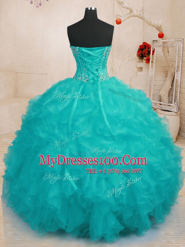 Enchanting Aqua Blue Lace Up Sweetheart Beading and Ruffles Vestidos de Quinceanera Organza Sleeveless