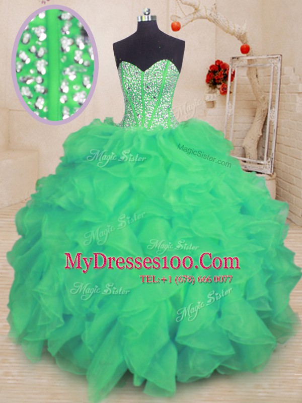 Fancy Turquoise Lace Up Sweet 16 Dresses Beading and Ruffles Sleeveless Floor Length