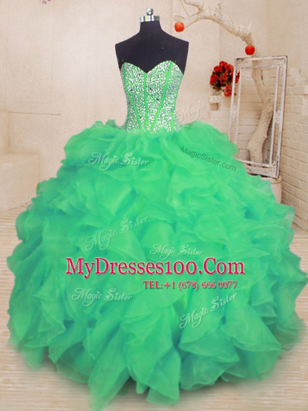 Fancy Turquoise Lace Up Sweet 16 Dresses Beading and Ruffles Sleeveless Floor Length