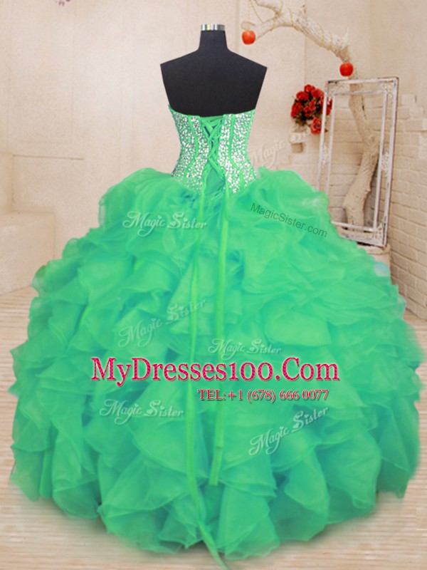 Fancy Turquoise Lace Up Sweet 16 Dresses Beading and Ruffles Sleeveless Floor Length