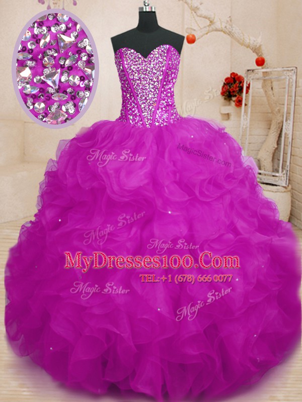 Graceful Floor Length Fuchsia Quince Ball Gowns Organza Sleeveless Beading and Ruffles