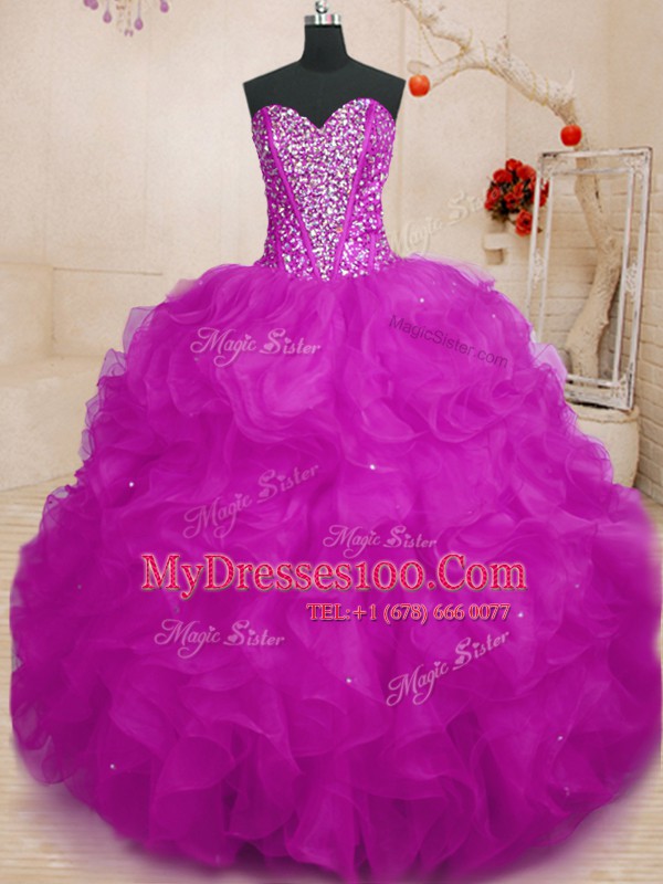Graceful Floor Length Fuchsia Quince Ball Gowns Organza Sleeveless Beading and Ruffles