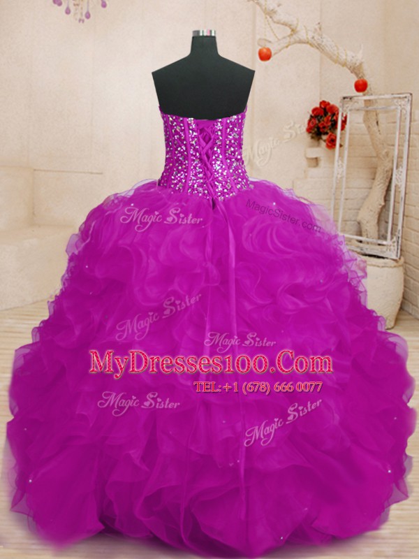 Graceful Floor Length Fuchsia Quince Ball Gowns Organza Sleeveless Beading and Ruffles