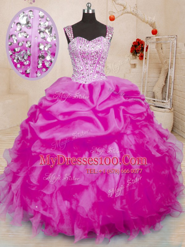 Fantastic Beading and Ruffles and Pick Ups 15th Birthday Dress Fuchsia Lace Up Sleeveless Floor Length