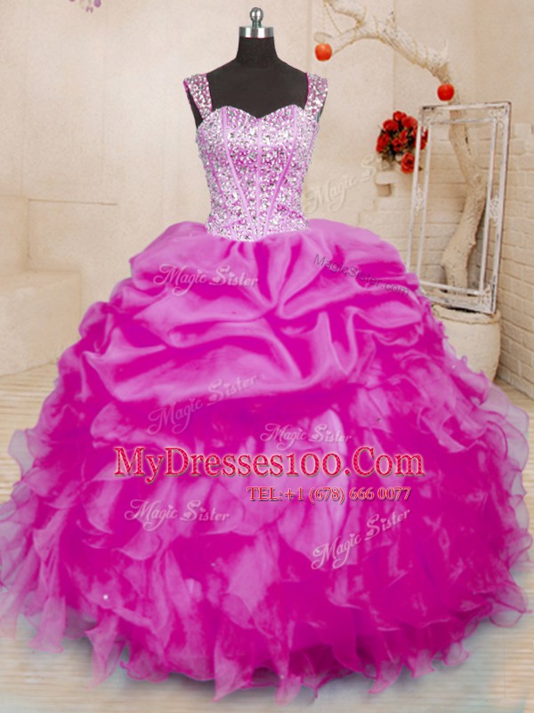 Fantastic Beading and Ruffles and Pick Ups 15th Birthday Dress Fuchsia Lace Up Sleeveless Floor Length