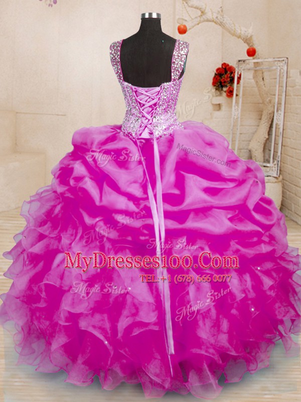Fantastic Beading and Ruffles and Pick Ups 15th Birthday Dress Fuchsia Lace Up Sleeveless Floor Length