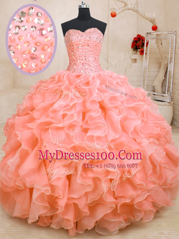 Discount Beading and Ruffles Sweet 16 Dresses Pink Lace Up Sleeveless Floor Length