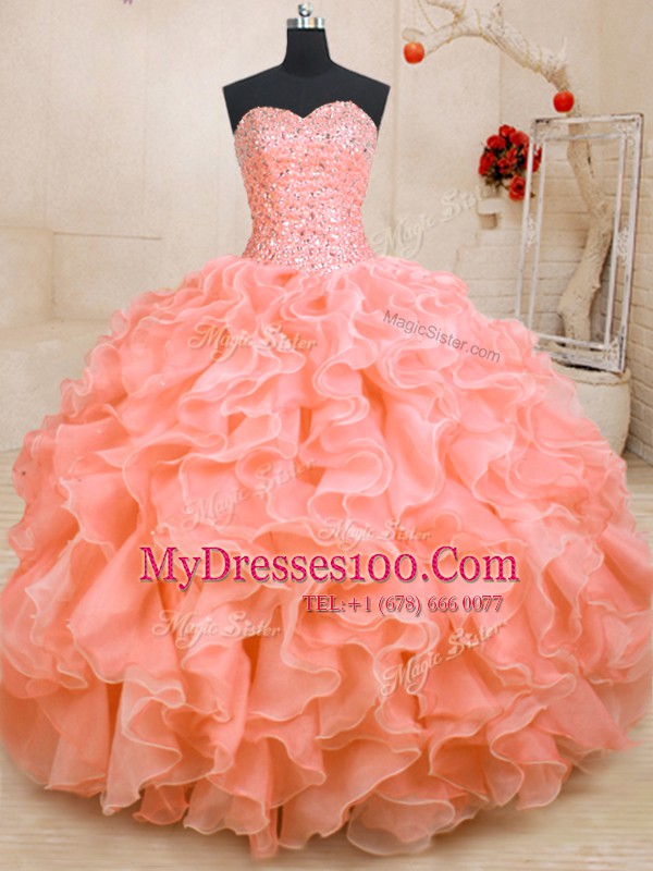 Discount Beading and Ruffles Sweet 16 Dresses Pink Lace Up Sleeveless Floor Length