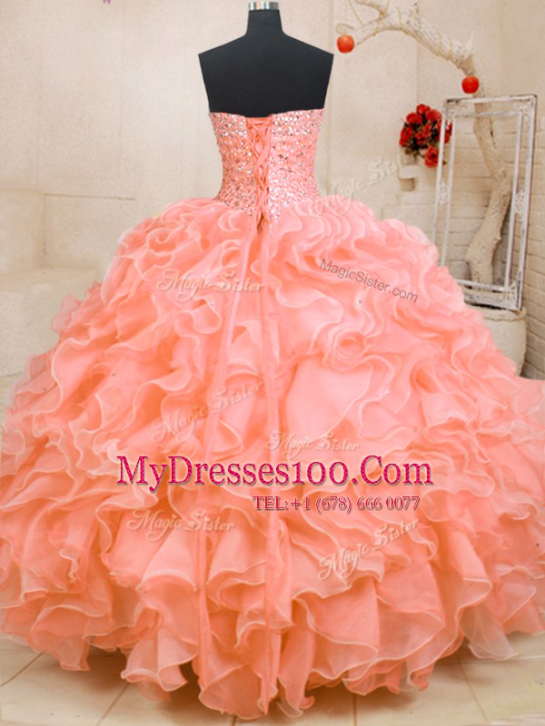 Discount Beading and Ruffles Sweet 16 Dresses Pink Lace Up Sleeveless Floor Length