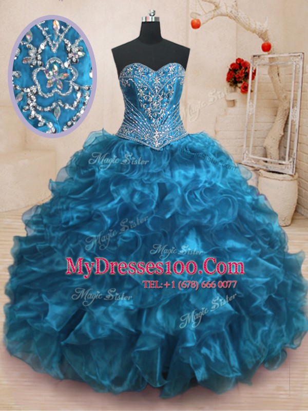 Sweetheart Sleeveless Organza Vestidos de Quinceanera Beading and Ruffles Sweep Train Lace Up