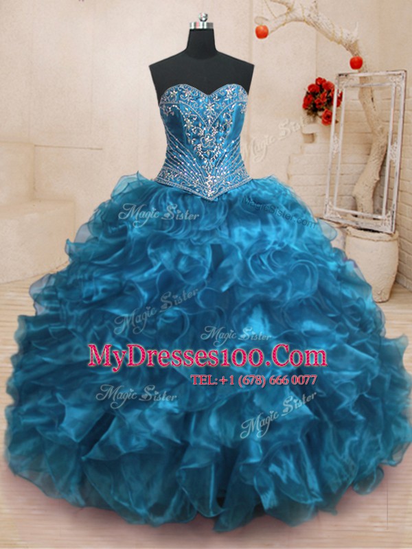 Sweetheart Sleeveless Organza Vestidos de Quinceanera Beading and Ruffles Sweep Train Lace Up
