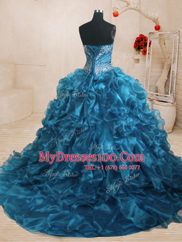 Sweetheart Sleeveless Organza Vestidos de Quinceanera Beading and Ruffles Sweep Train Lace Up