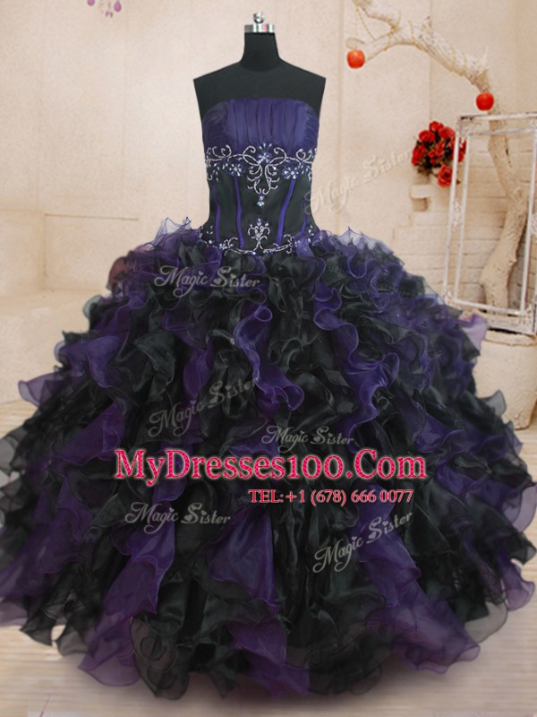 Dazzling Black And Purple Strapless Lace Up Beading and Ruffles Quinceanera Gown Sleeveless