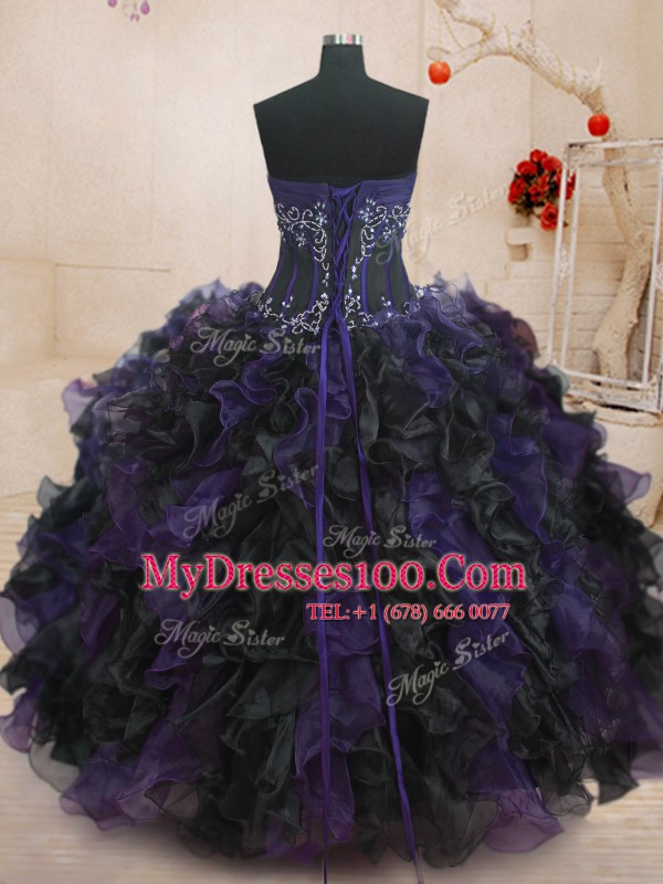 Dazzling Black And Purple Strapless Lace Up Beading and Ruffles Quinceanera Gown Sleeveless