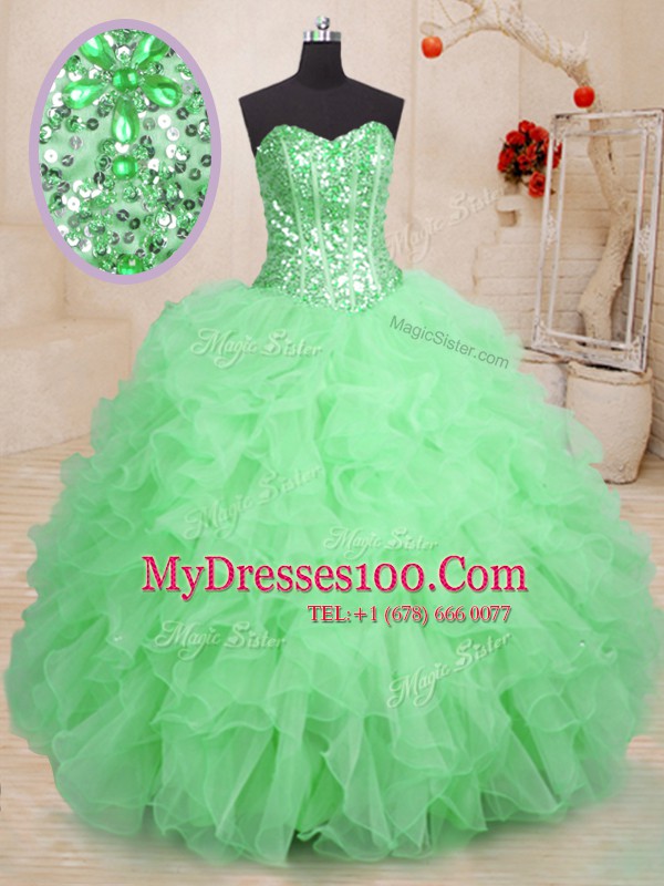 Floor Length Lace Up Quinceanera Gown Green for Military Ball and Sweet 16 and Quinceanera with Beading and Ruffles