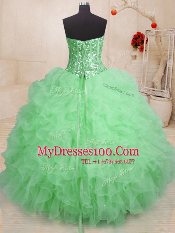 Floor Length Lace Up Quinceanera Gown Green for Military Ball and Sweet 16 and Quinceanera with Beading and Ruffles